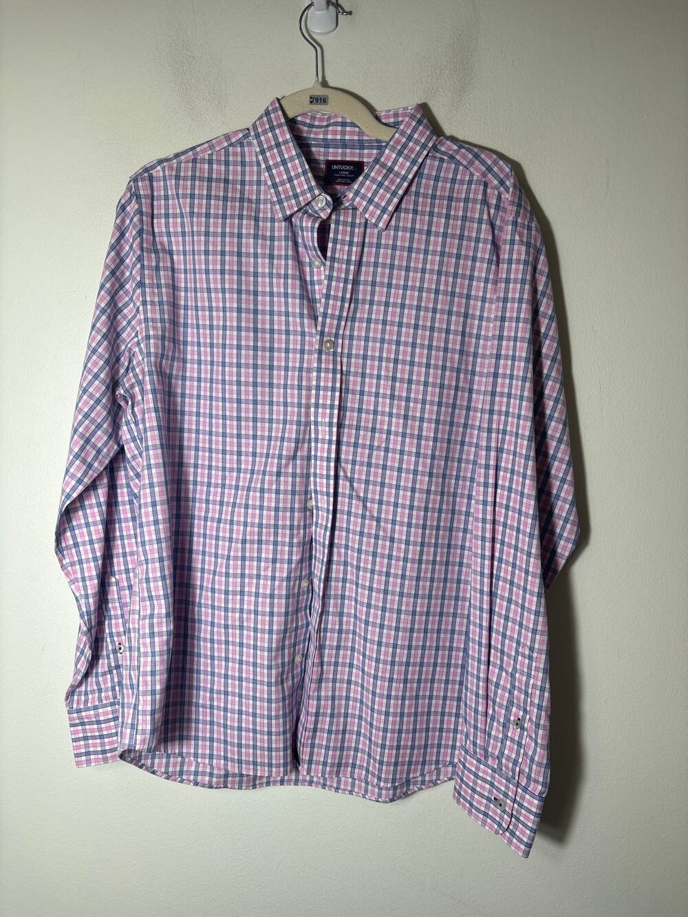 Men's Untuckit Pink Dark Blue Plaid Long Sleeve Button Down Shirt Sz L